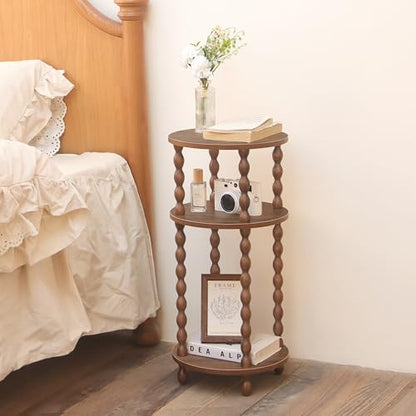 Small Round End Table, Round Side Table with 3-Tier Open Shelf for Small Spaces, Wood Accent Table Nightstand for Bedroom, Living Room, Office, Walnut Brown