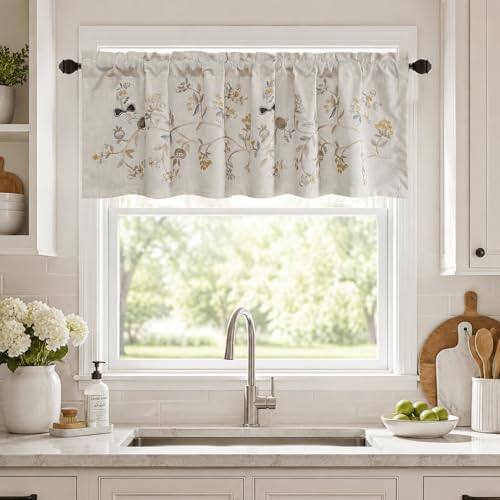 Floral Embroidered Pattern Kitchen Valances for Windows, Linen Rod Pocket Curtains Valance for Living Room, 52 Inch Wide by 18 Inch Long, One Panel