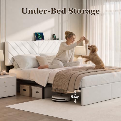 Queen Bed Frame with Adjustable Headboard, White Velvet Upholstered, view 4