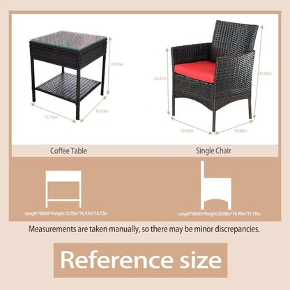 3 Piece Patio Furniture Set Outdoor PE Rattan Wicker Chair with Soft Cushion and Glass Coffee Table for Garden Backyard Porch Poolside (Brown/Red)
