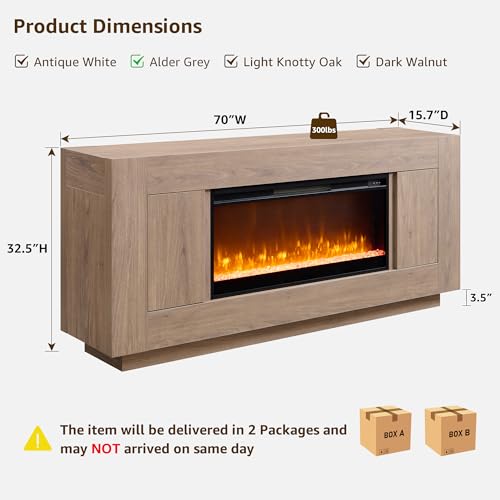 70" Fireplace TV Stand for 80" TV, Thick Block Media Console,Alder Grey, view 3