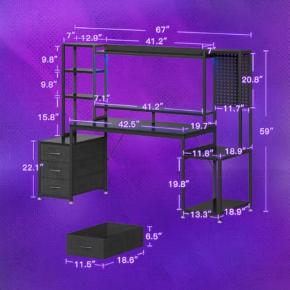 67 Inch Gaming Desk with Display Shelves, 3 Drawers, LED Lights, Hutch, view 4