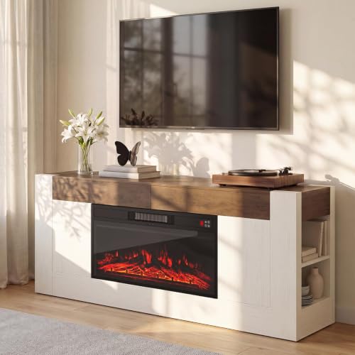 Modern 70 inch TV Stand with Electric Fireplace and Storage, White, view 2