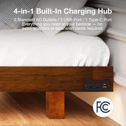 Floating Solid Wood Queen Bed Frame with Motion Sensor LED Light & Charging, view 5