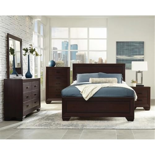 4 Piece Queen Panel Bedroom Set, Dark Cocoa Finish, Includes Bed, Dresser, Nightstand, and Mirror, Timeless Design with Storage, Elegant Bedroom Furniture for Sophisticated Style
