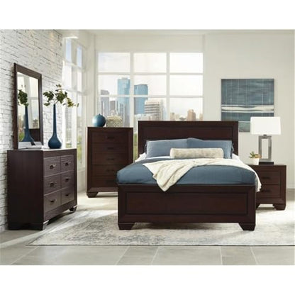 4 Piece Queen Panel Bedroom Set, Dark Cocoa Finish, Includes Bed, Dresser, Nightstand, and Mirror, Timeless Design with Storage, Elegant Bedroom Furniture for Sophisticated Style