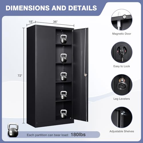 Metal Storage Cabinet with Locking Doors, Tall Cabinets for Home, Office, Warehouse Organizer (Black)