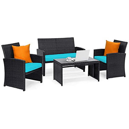 4 Pieces Patio Wicker Conversation Furniture Set, Patiojoy Sofa & Table Set w/4 Seats, Outdoor Rattan Sofa Set for Balcony Backyard, Wicker Chair Set with Tempered Glass Coffee Table