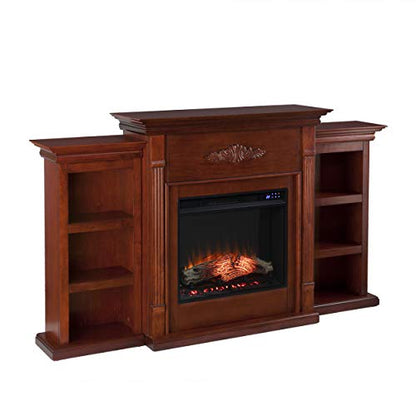Tennyson Touch Screen Electric Fireplace with Book Shelves - Mahogany - Transitional Design, Brown Glass and Wood - Ideal for Living Room, Bedroom (FR8547)