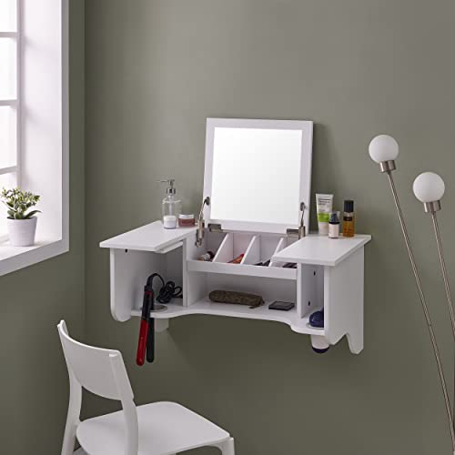 Wall Mount Ledge w/ Vanity Mirror, Transitional Style, White