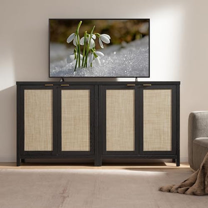 Sideboard Buffet Storage Cabinet - Boho Rattan Credenza Coffee Bar Cabinet with Large Storage, Farmhouse Console Buffet Table for Kitchen Living Room Entryway - 2 Black Pieces