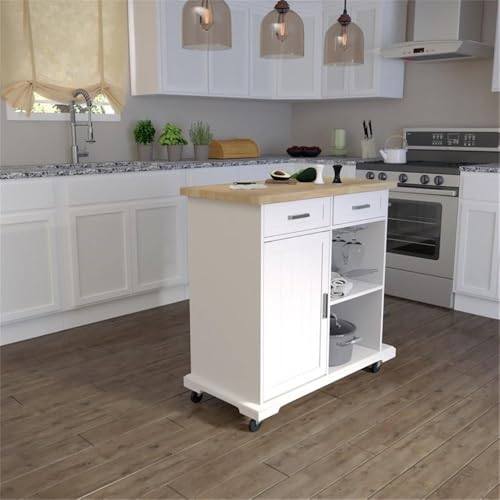 Warkin Rolling Kitchen Island with Storage - Transitional Design, White Glass and Wood - Ideal for Kitchen, Dining Room (KA1133961)