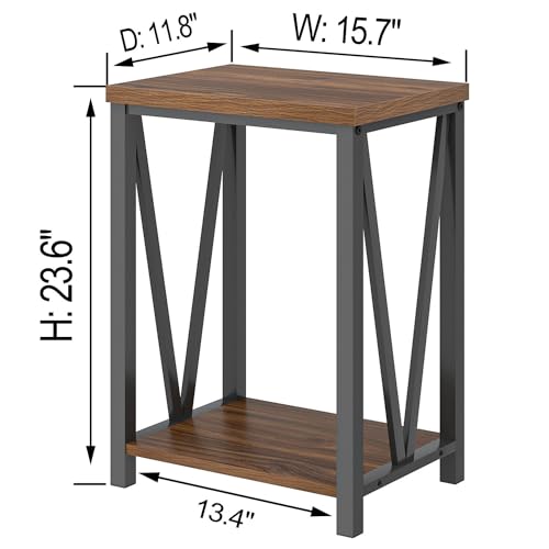 Small End Table, Rustic Wood and Metal Side Table with Storage, Modern Night Stand for Living Room Bedroom Office, Walnut