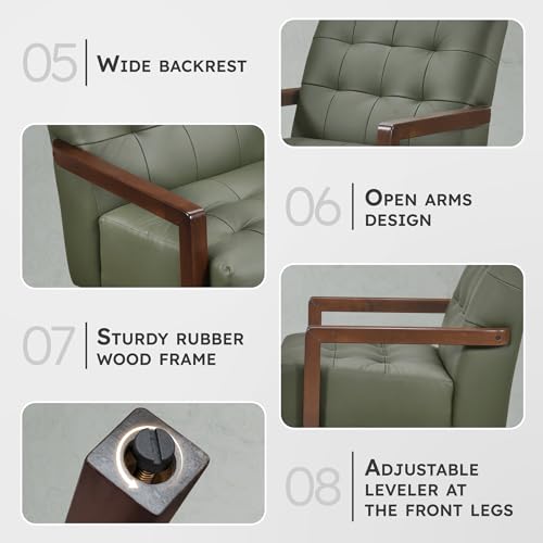 Modern Accent Chair, Luxury Genuine Leather Match Living Room Chair with Tufted Cushions, Solid Wood Frame and Arm Rest, Comfy Upholstered Single Seat for Bedroom/Reading/Office, Green