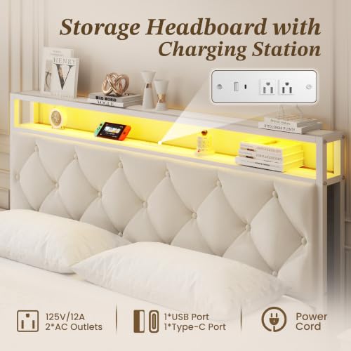 Queen Bed Frame with 4 Drawers, Upholstered Headboard with Storage, view 5