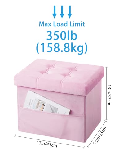Storage Ottoman Foot Stool, 17 inches Folding Ottoman with Storages, Velvet Storage Bench with Side Pocket, Foot Rest for Living Room, Bedroom (Pink)