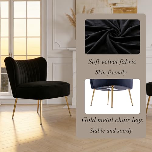 Velvet Accent Chair Set of 2 Comfy Living Room Chair Armless Slipper Chair Mid Century Side Single Sofa Chair with Golden Legs Wingback for Bedroom Guest Room, Black