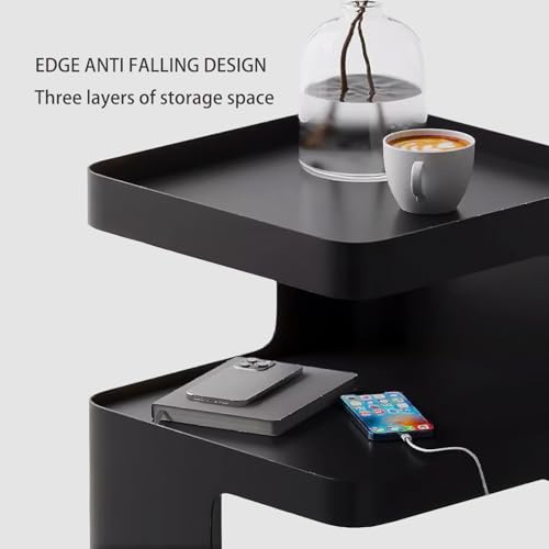 Black Side Table,Modern end Table for Sofa & Couch,3-Tier Metal nightstand,Small Bedside Table with Storage for Bedroom,Living Room,Small Space.No Assembly Required