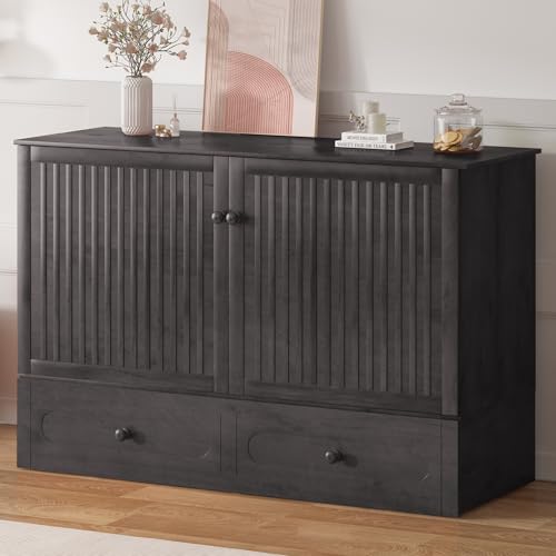 Queen Murphy Bed Cabinet with Drawers, Modern Versatile Wood Chest Cabinet Wall Bed with USB Charging Station, Wooden Guest Beds for Bedroom Home Apartment, No Tri-Fold Mattress - Dark Grey