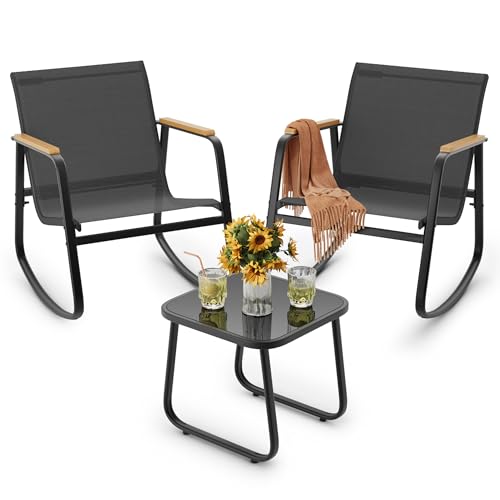 3 Pieces Patio Furniture Set Textilene Fabric Outdoor Patio Rocking Bistro Set with Wooden Armrests and Coffee Table for Lawn, Porch, Balcony, Poolside, Black