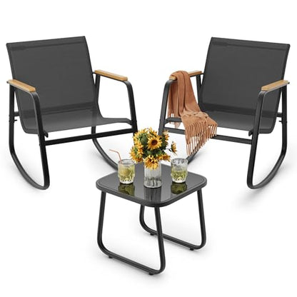 3 Pieces Patio Furniture Set Textilene Fabric Outdoor Patio Rocking Bistro Set with Wooden Armrests and Coffee Table for Lawn, Porch, Balcony, Poolside, Black