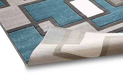 Uptown Squares Blue Grey Modern Geometric Comfy Casual Hand Carved 9x13 (9'3'' x 12'6'') Area Rug Easy to Clean Stain Fade Resistant Abstract Boxes Contemporary Thick Soft Plush Living Dining Room Rug