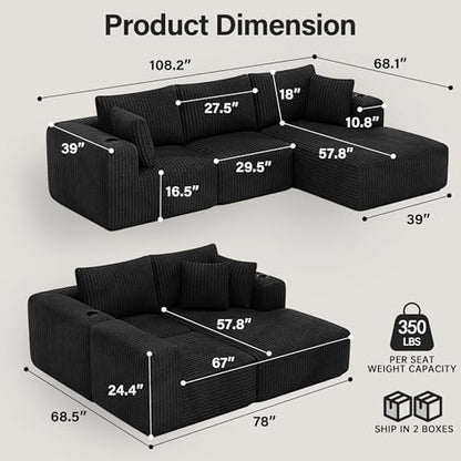 Modular Sectional Sofa, Cloud Boneless Couch with Deep Seat, Cup Holder, Memory Foam, Corduroy L Shaped Couch Convertible Sofa Bed for Living Room Bedroom, No Assembly Required