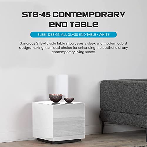 Premium Tempered Glass Side Table - Luxury Nightstand & Bedside Table for Bedroom or Living Room - High Gloss End Table in White Finish - Sleek Cube Design with Fingerprint Resistant Glass