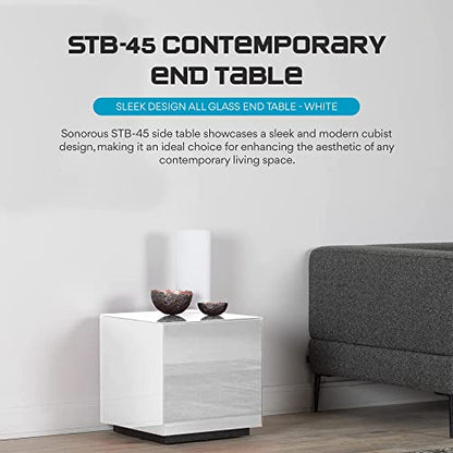 Premium Tempered Glass Side Table - Luxury Nightstand & Bedside Table for Bedroom or Living Room - High Gloss End Table in White Finish - Sleek Cube Design with Fingerprint Resistant Glass