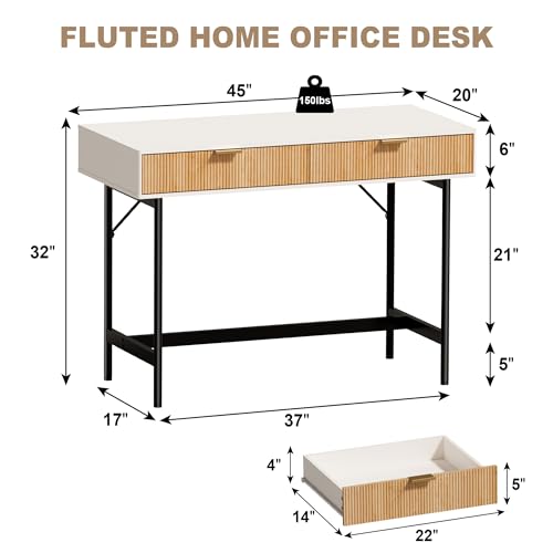 45 Inch White Desk with Drawers, Small Writing Desks for Bedroom, view 3