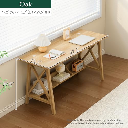NELYE Extra Long Writing Desk with Bookshelf, 47" Wx16 Dx30 H, Oak, view 6