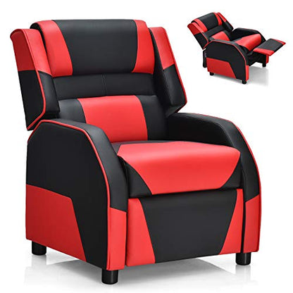 Kids Recliner, Gaming Recliner Chair w/Footrest, Headrest & Lumbar Support, Ergonomic Leather Lounge Chair for Living & Gaming Room, Adjustable Racing Style Sofa for Children Boys Girls, Red