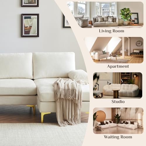 110" Sectional Sofa U-Shaped 4-Seat Couch, Beige | Double Chaise, Chenille Fabric Upholstered, Metal Legs, Room Divider, For Living Room, Apartment, Office, Studio