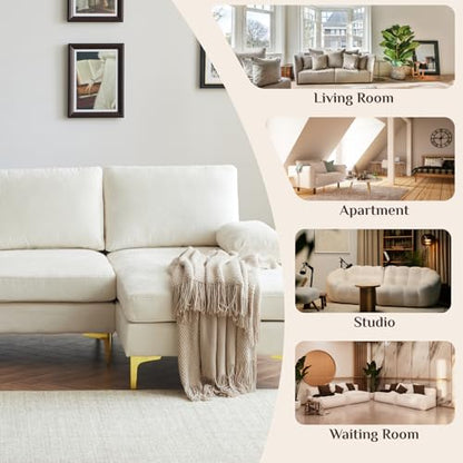 110" Sectional Sofa U-Shaped 4-Seat Couch, Beige | Double Chaise, Chenille Fabric Upholstered, Metal Legs, Room Divider, For Living Room, Apartment, Office, Studio
