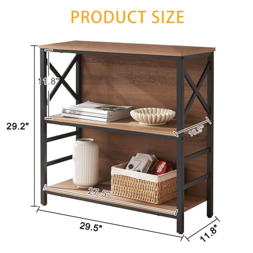 Book Shelf, Small 3-Tier Industrial Bookshelf with Strong Metal Frame & Backboard, 29.5" Short Bookcase for Small Spaces, Living Room, Bedroom and Home Office, Brown