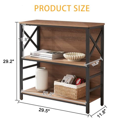 Book Shelf, Small 3-Tier Industrial Bookshelf with Strong Metal Frame & Backboard, 29.5" Short Bookcase for Small Spaces, Living Room, Bedroom and Home Office, Brown