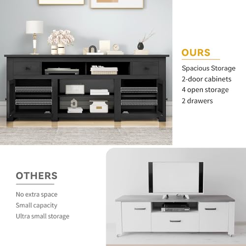 Farmhouse TV Stand with Power Outlet for 75"/80" TVs, Black | Entertainment Centers Furniture, TV Consoles with Storage Drawers, Rustic TV Stands for Living Room
