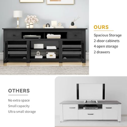 Farmhouse TV Stand with Power Outlet for 75"/80" TVs, Black | Entertainment Centers Furniture, TV Consoles with Storage Drawers, Rustic TV Stands for Living Room