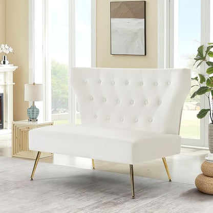 Small White Velvet Sofa, Soft Upholstered 40’’ Armless Loveseat Couch with High Density Foam, Modern Tufted Cushion with Gold Legs for Bedroom, Dorm, Apartment, Girls, Teens, Easy Assembly