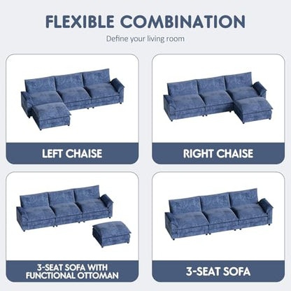 119" Modular Sectional Sofa, L Shaped Sofa Couch with Reversible Ottoman, DIY Combination Chenille Deep 3-Seat Cloud Couch for Living Room, Apartment (Dark Blue, L Shaped Sofa)