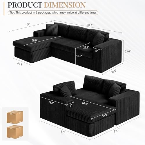 105" Boneless Couches for Living Room, Sectional Couches Modular Sofa with L-Shaped Chaise, Memory Foam Comfy Cloud Couch with Plush Corduroy Fabric, No Assembly Required, Black