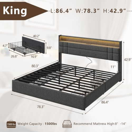 King Size Bed Frame with 4 Drawers & Storage Headboard, Grey, view 3