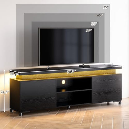 TV Stand for 85 inch TV, TV Console with LED Lights and Power Outlet, Long Entertainment Center with Cabinets and Storage Shelves, TV Stand Black for Bedroom Living Room