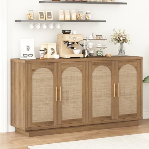 59" Rattan Sideboard Buffet Cabinet with Storage, 4 Arched Doors, view 7