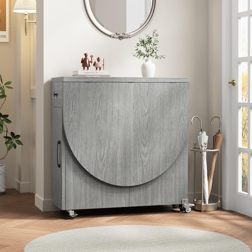 Round Folding Dining Table for 4, Space Saving Drop Leaf Kitchen Table with Storage Drawer, 6 Wheels Oval Gateleg Foldable Dining Table for Small Spaces(Grey 47 * 23.6 * 30)