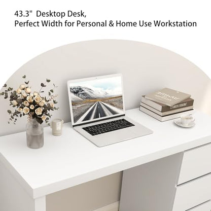 White Desk with Drawers, 43'' W Home Office Computer Desk Gaming Table, Modern Vanity Desk with Storage, Wood Writing Workstation for Bedroom, Living Room, White