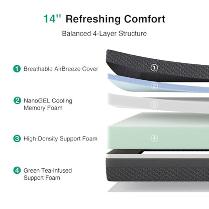 14 Inch Queen Size Mattress, Queen Gel Memory Foam Mattress with Green Tea-Infused Foam for Pressure Relief, Body Contouring, & Balanced Support, Breathable Side Panel, Mattresses in a Box