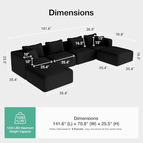 141" Modular Sectional Sofa, Modern Cloud Sectional Couch with Smarts Coil® Support, U-Shape Boneless Couch for Living Room Apartments Bedroom, No Assembly Required (4 Seat w/ 2 Ottoman)