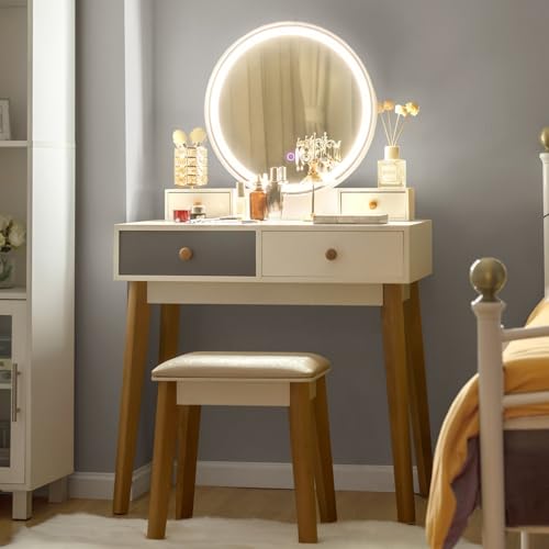 Vanity Set with Lighted Mirror, 3 Color Touch Screen Dimming Mirror, Adjustable Brightness, Bedroom Makeup Dressing Table with 4 Drawers and Cushioned Stool for Girls Women, White & Gray
