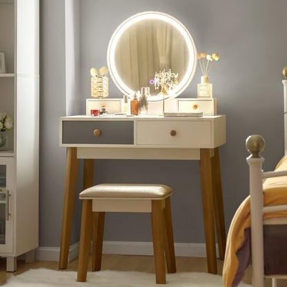 Vanity Set with Lighted Mirror, 3 Color Touch Screen Dimming Mirror, Adjustable Brightness, Bedroom Makeup Dressing Table with 4 Drawers and Cushioned Stool for Girls Women, White & Gray